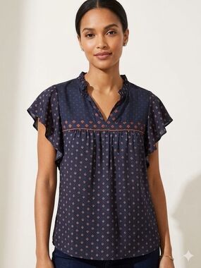 LOFT Navy Flutter Sleeve V-Neck Printed Blouse